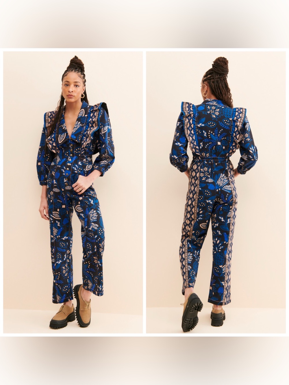 Farm Rio Macaw Forest Coveralls Bird Print Blue Black‎ Small
